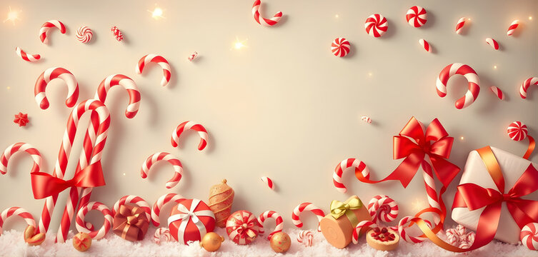 A background filled with candy canes, peppermint swirls, wrapped sweets, and festive ribbons, soft warm lighting, horizontal illustration.