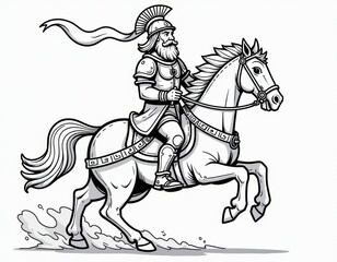 Obraz premium Ancient Warrior on Horseback Line Art Illustration