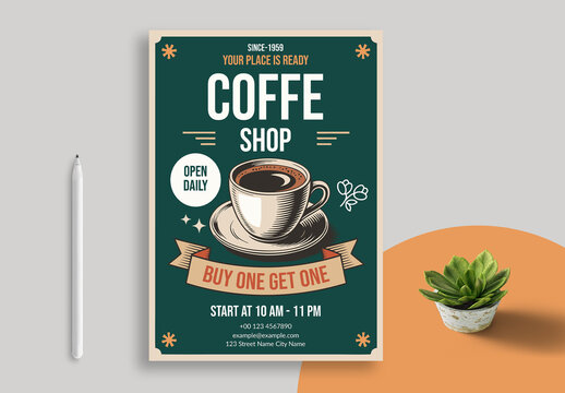 Coffee Shop Flyer Layout With Dark Teal Green Accents
