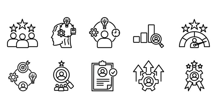competence icon set collection in outline style. Icon pack contains competence, experience, knowledge, skills, behavior, performance,goals, talent, qualification, capability, pfoficiency