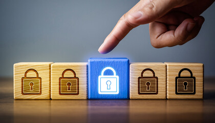 Wooden cube padlock icon glowing blue block finger pointing cybersecurity data protection privacy internet safety secure access digital security. glowing blue block symbolizes strong protection