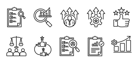 Evaluation icon set collection in outline style. Icon pack contains evaluation, Assessment, analysis, performance, improvement, review, judgment, feedback, criteria, results, outcome, people