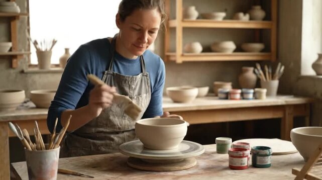 Skilled female artisan meticulously glazes a handmade ceramic bowl in her pottery studio.