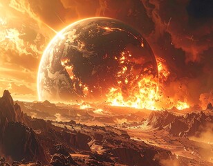 A world in fiery chaos a planet consumed by flames, erupting in an explosion, with a desolate, rocky foreground under an orange sky