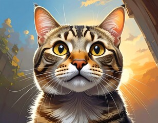 Captivating Cat Portrait - Intense Gaze in Digital Art.