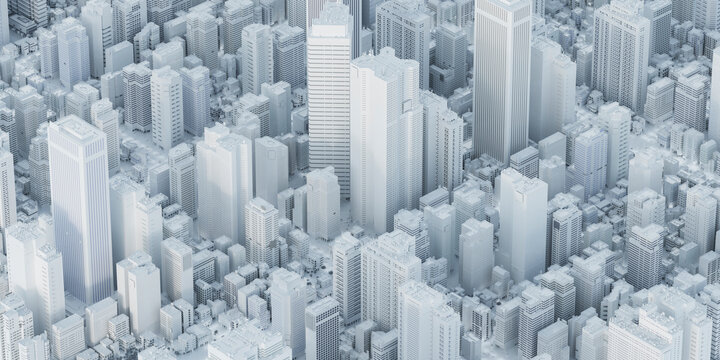 3D white highrise architecture in dense urban layout