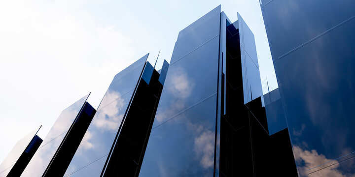 3D glass facade skyline with modern vertical towers