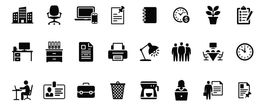 Collection of office workspace icons for business and productivity applications vector