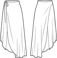 Wrap skirt fashion sketch, asymmetrical hem design, tie closure detail, garment template, sewing pattern, apparel vector, cad drawing flat vector illustration