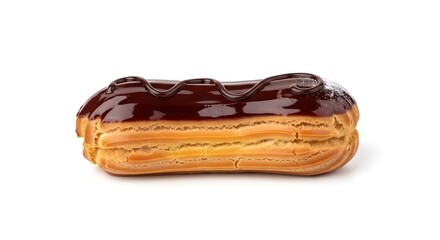 Delicious Chocolate Glazed Eclair Pastry on White Background