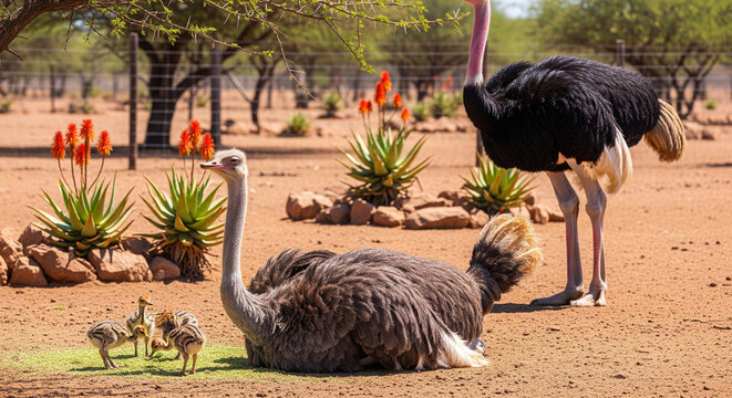 Ostrich Family Guarding Chicks on a Dry African Ostrich Farm
A warm, sunny photograph featuring a family of ostriches in a dry, sandy outdoor enclosure, likely an ostrich farm or reserve