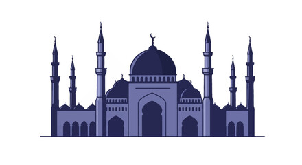 Fototapeta premium Vector flat 2D illustration showing traditional mosque building architecture with prominent minarets and a large dome, isolated against a clean white background.