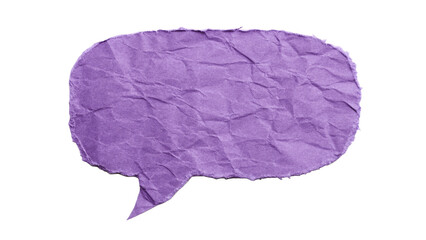 A digital illustration of purple speech bubble with a textured, torn paper effect.