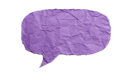 A digital illustration of purple speech bubble with a textured, torn paper effect.