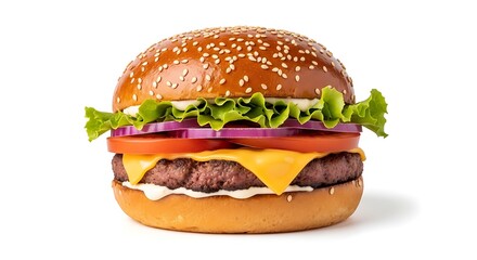 Delicious Gourmet Burger with Fresh Ingredients on White Background