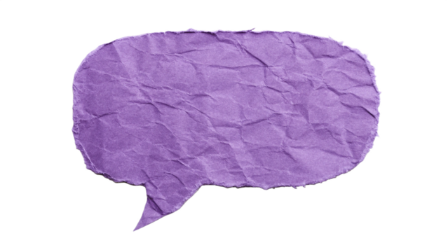 A digital illustration of purple speech bubble with a textured, torn paper effect. - Powered by Adobe