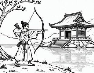 Traditional Japanese Kyudo Archer with Temple and Reflection Line Art
