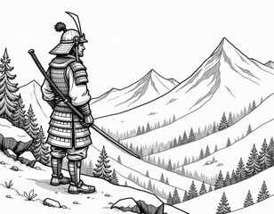 Samurai Warrior in Snowy Mountain Landscape Line Art