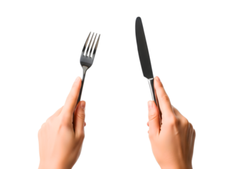 Hands holding fork and knife isolated on transparent background