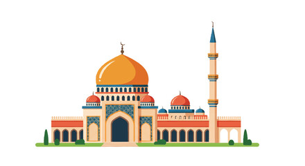 Flat 2D vector illustration depicting a traditional Islamic mosque building featuring a prominent large central dome, tall minarets, and an open courtyard isolated on a clean white background.