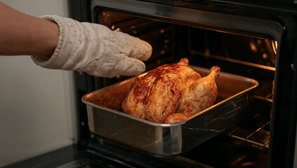 Fototapeta premium Chef taking roasted chicken out of the oven