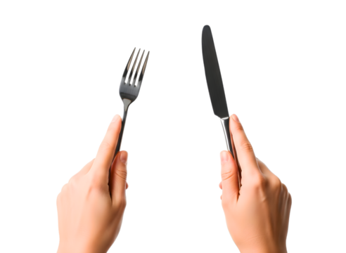 Hands holding fork and knife isolated on transparent background