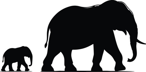Vector Elephant family with baby elephant silhouette illustration © Md