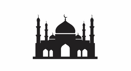 A simple vector illustration of a traditional mosque silhouette featuring minarets and a dome, rendered in a minimalist flat 2D style against a clean white background.