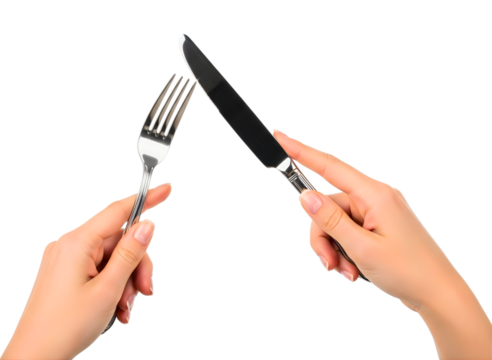Hands holding fork and knife isolated on transparent background
