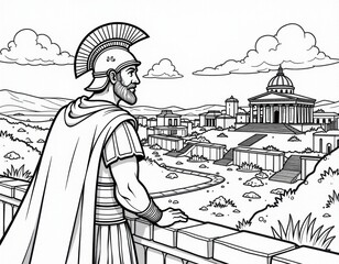 Ancient Warrior Overlooking Classical City Coloring Page