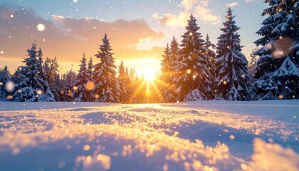 Obraz premium Beautiful snowy Christmas landscape with pine trees and warm golden sunlight, symbolizing peace and serenity in a winter wonderland. Copy space area