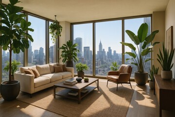 luxury apartment living room with panoramic window and plants