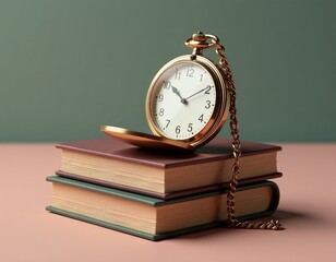 Golden Pocket Watch on Stacked Books - Time and Education Concept