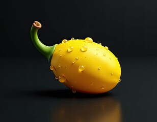 Vibrant 3D Rendered Yellow Chili Pepper with Water Droplets on Dark Background