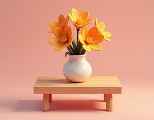 Minimalist Yellow Flowers in White Vase on Wooden Table with Pink Background