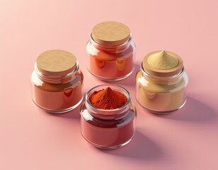 Vibrant Assorted Powders in Glass Jars on Pink Background