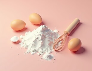 Baking Ingredients Flour, Eggs, and Whisk on Pink Background