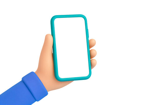3D model stylized cartoon hand with light toned skin holding a smartphone with a blank white screen. No background for editing purposes.