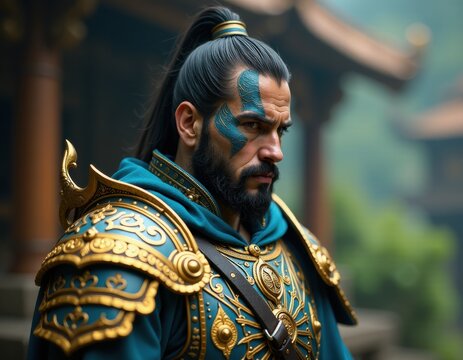 Epic Fantasy Warrior in Ornate Teal and Gold Armor