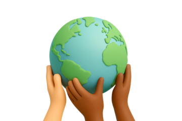 A 3D model rendering of three cartoonish hands with different skin tones holding a stylized globe against a neutral, transparent background.