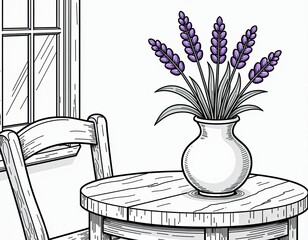Hand-Drawn Lavender Flowers in Vase on Wooden Table Illustration