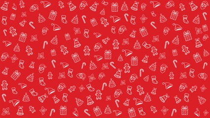 Christmas Seamless Pattern with hand drawn illustrations in doodle stile on red background. Abstract christmas wallpaper design.