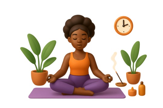 A 3D model, cartoonish illustration of a young adult Black woman sitting in a cross-legged lotus position on a purple yoga mat, meditating with her eyes closed.