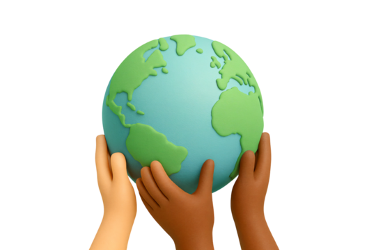 A 3D model rendering of three cartoonish hands with different skin tones holding a stylized globe against a neutral, transparent background.