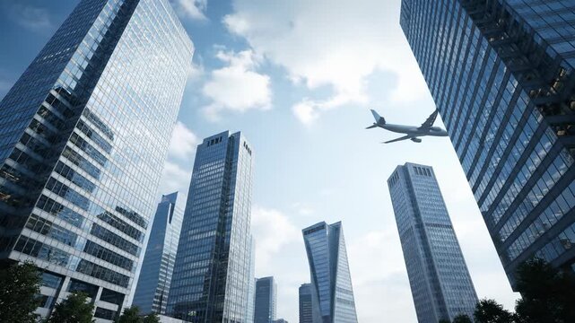 Modern skyscrapers reflect sunlight. Airplane flies through clear sky above urban landscape. City life buzzes under bright daylight.