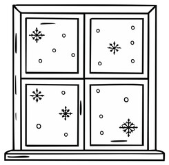 Winter window scene with falling snow coloring page line art illustration