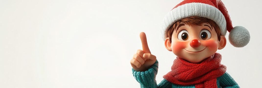 funny cheerful elf in santa hat Christmas character with surprise face pointing finger to the side, 3d illustration, playful holiday pose, isolated on white background with copy space