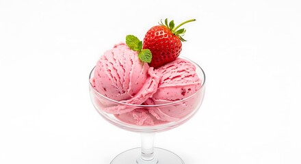 Delicious Strawberry Ice Cream Sundae with Fresh Strawberry and Mint Garnish