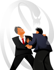 Executivos apertando as mãos em acordo predatório com um fantasma ameaçador