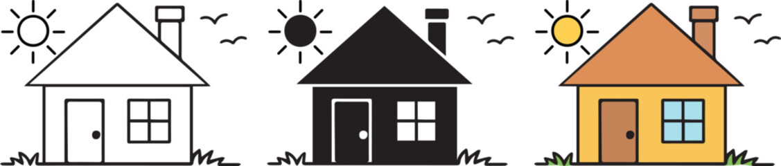 Three houses outline, silhouette, flat design with a sun, flying birds on the roof , grass, and sunny weather.